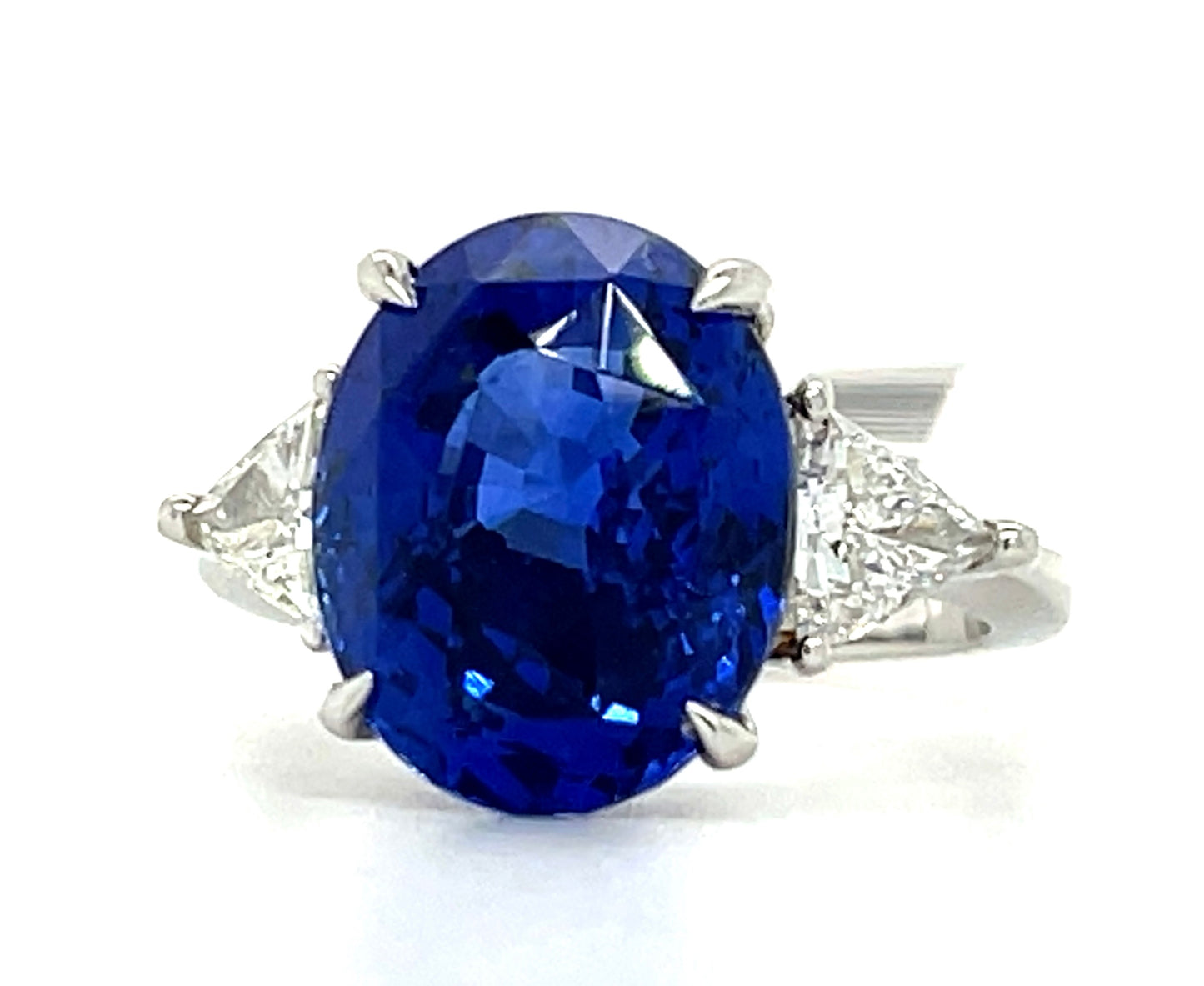 9.96ct Heated Blue Sapphire Oval Shape Platinum Ring .60ct Trillion Cut Diamonds