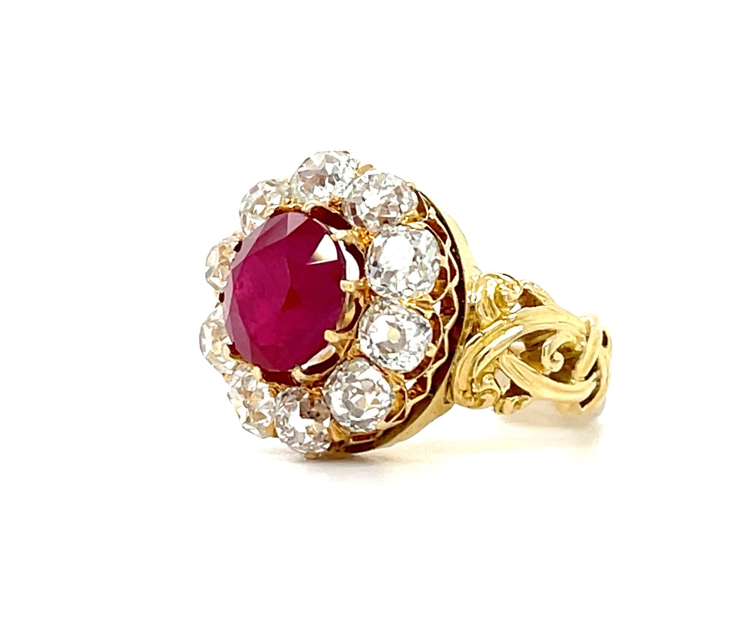 Victorian Era 2.99ct Ruby GIA Burma Heated 18KY Antique Ring (Circa 1880s) 2ct Old Mine Cut Diamonds