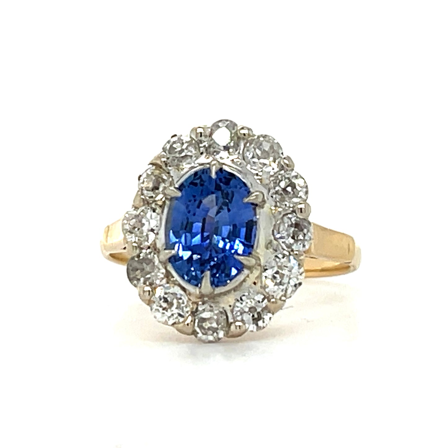 Victorian 1.42ct Blue Sapphire Oval shape Antique 14KY Ring (Circa 1880s) 1.44ct Old Mine Cut Diamonds