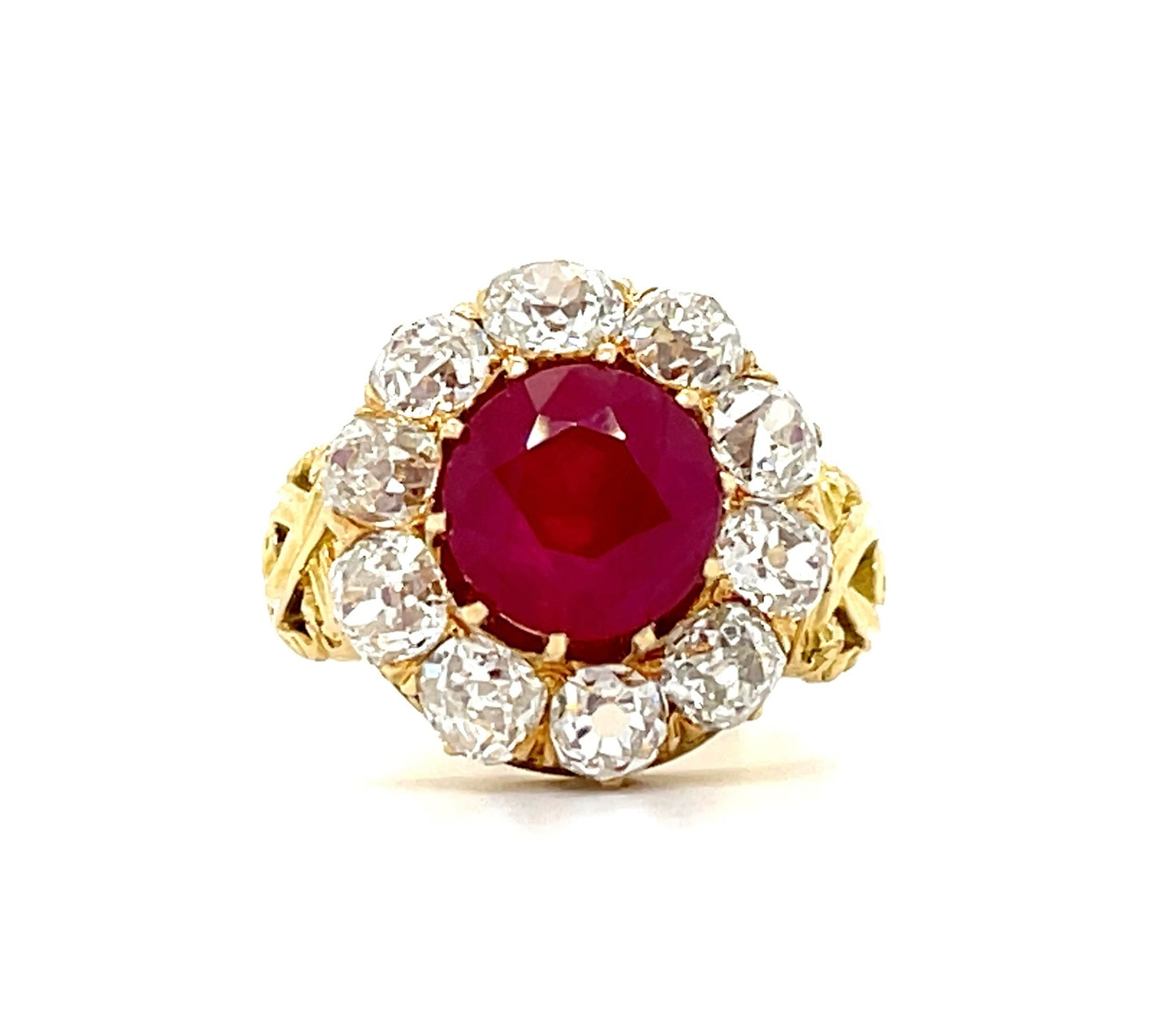 Victorian Era 2.99ct Ruby GIA Burma Heated 18KY Antique Ring (Circa 1880s) 2ct Old Mine Cut Diamonds