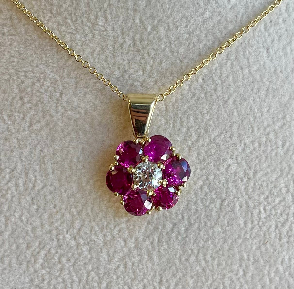 .58ct Old European Cut Center Diamond GIA I VS2 18KY Pendant 3.70ct Rubies