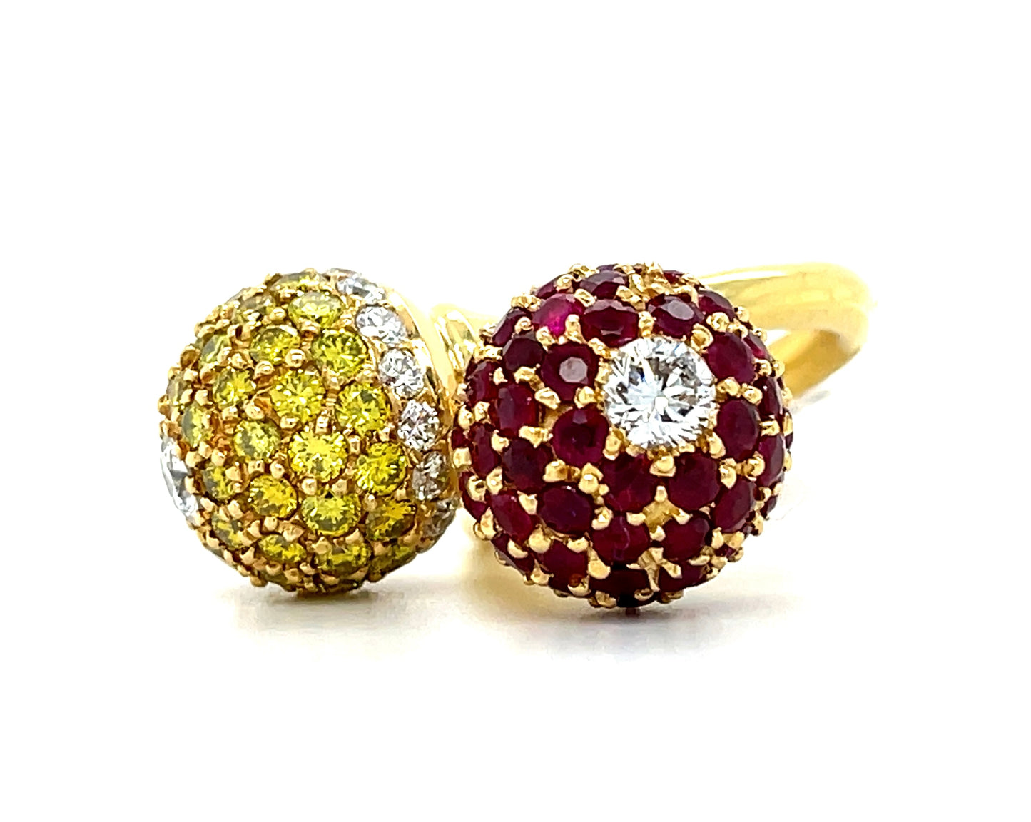 Cross Over Sphere 18KY Ring 2.68ct Diamonds 3.60ct Rubies 3.56ct Yellow Diamonds