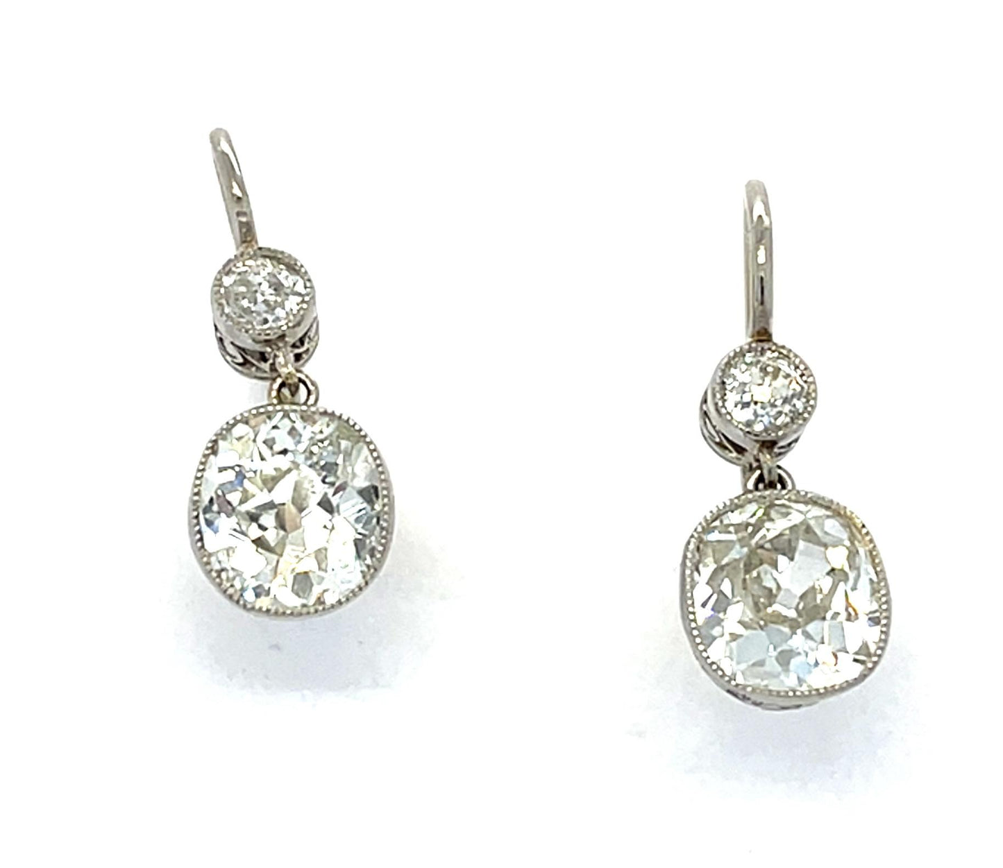 2.95ct Old Mine Cushion Diamonds .30ct SD Platinum+18KY Dangle Earrings 4.13g