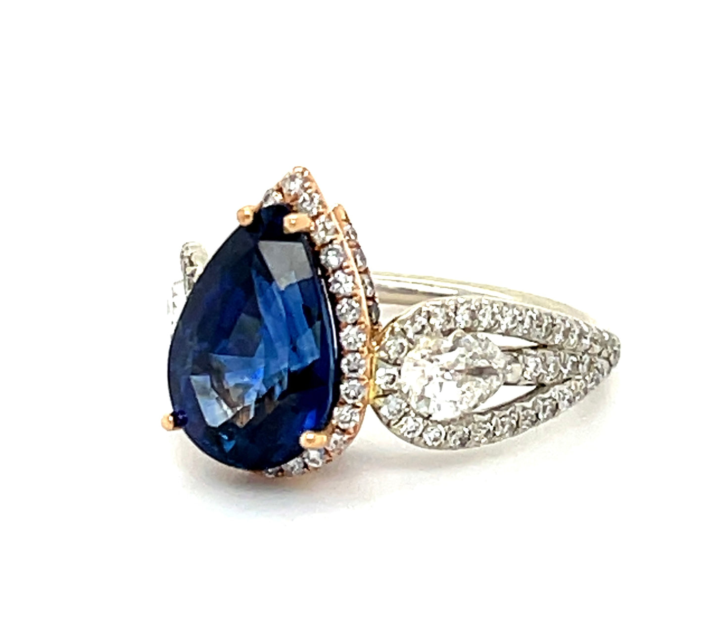 4.55ct Blue Sapphire Pear Shape 14KY Two Tone 1.30ct Diamonds Pear Shape and Round Brilliants