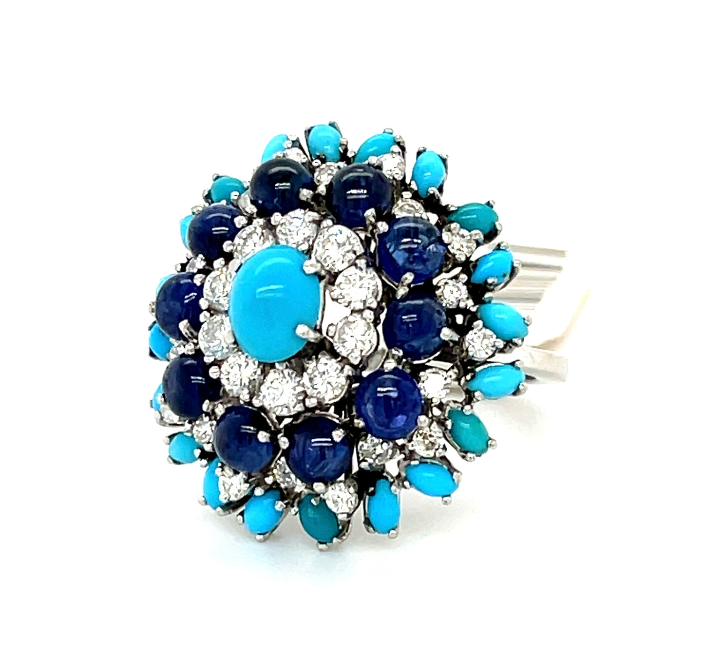 Sapphire, Diamond and Turquoise Platinum Set (Vintage Circa 1950s) Matching Ring and Earrings 1.10ct Diamonds 2.24ct Sapphires