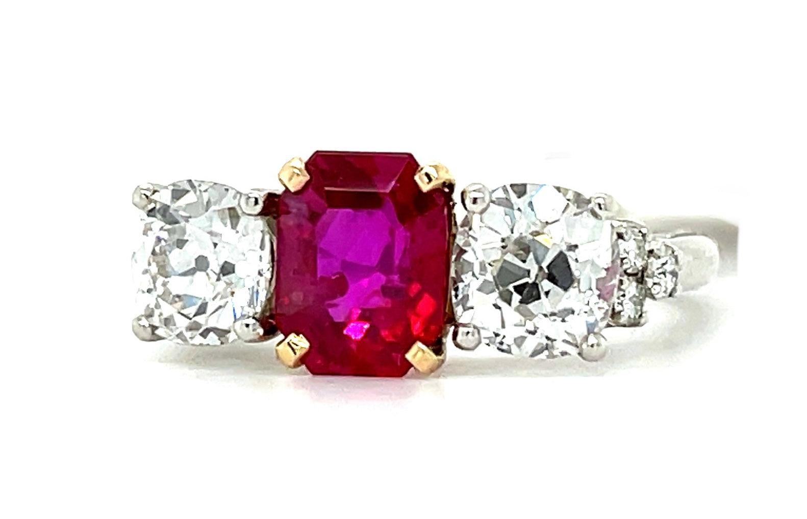 2.10ct Burma Ruby Ring (Vintage Circa 1960s) Platinum 2.05ct Old European Cut Di