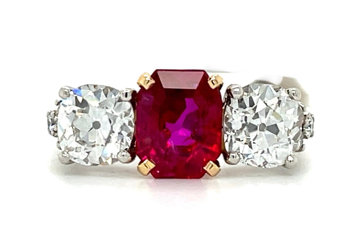 2.10ct Burma Ruby Ring (Vintage Circa 1960s) Platinum 2.05ct Old European Cut Di