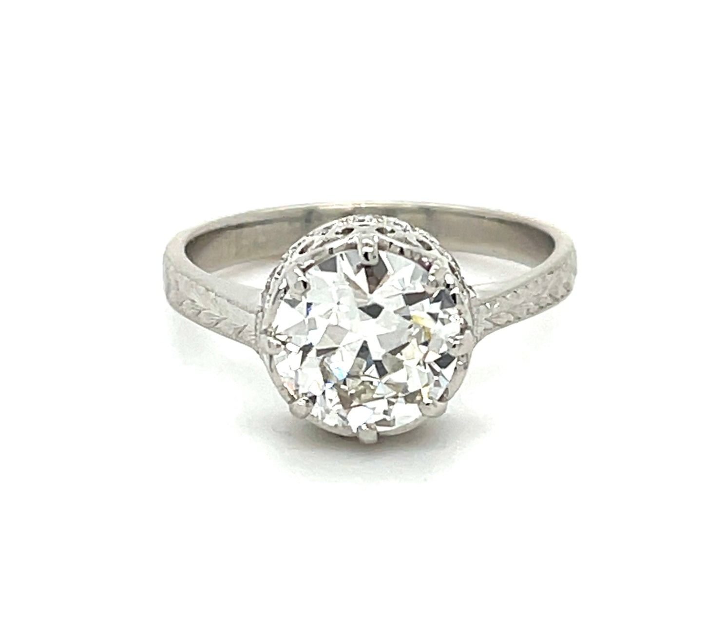 1.86ct Old European Cut Diamond GIA J SI1 Platinum Hand Engraved Ring