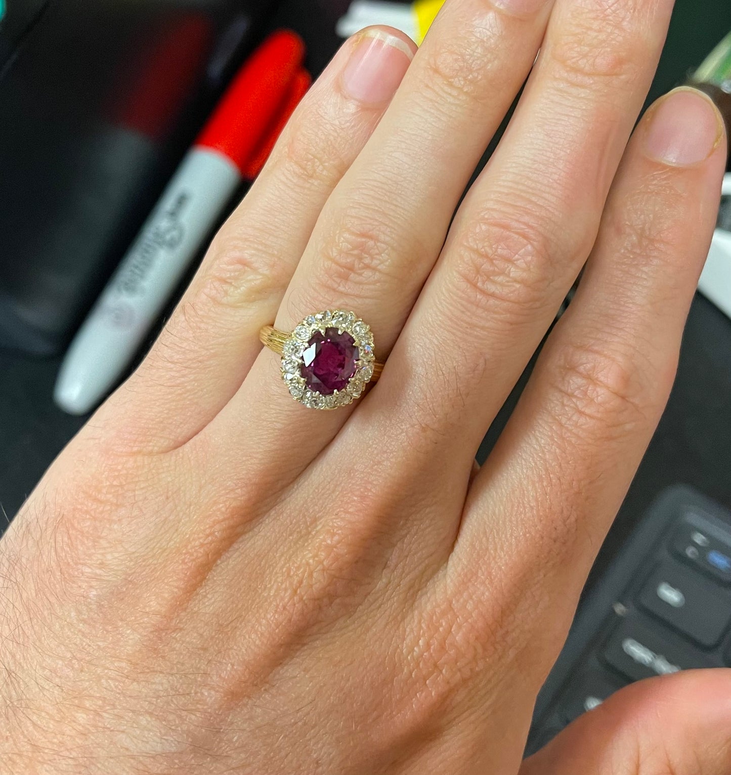Victorian (Circa 1890s) 3.28ct GIA Thailand Heated Ruby 1ct Old Mine Cut Diamonds 18KY Antique Ring