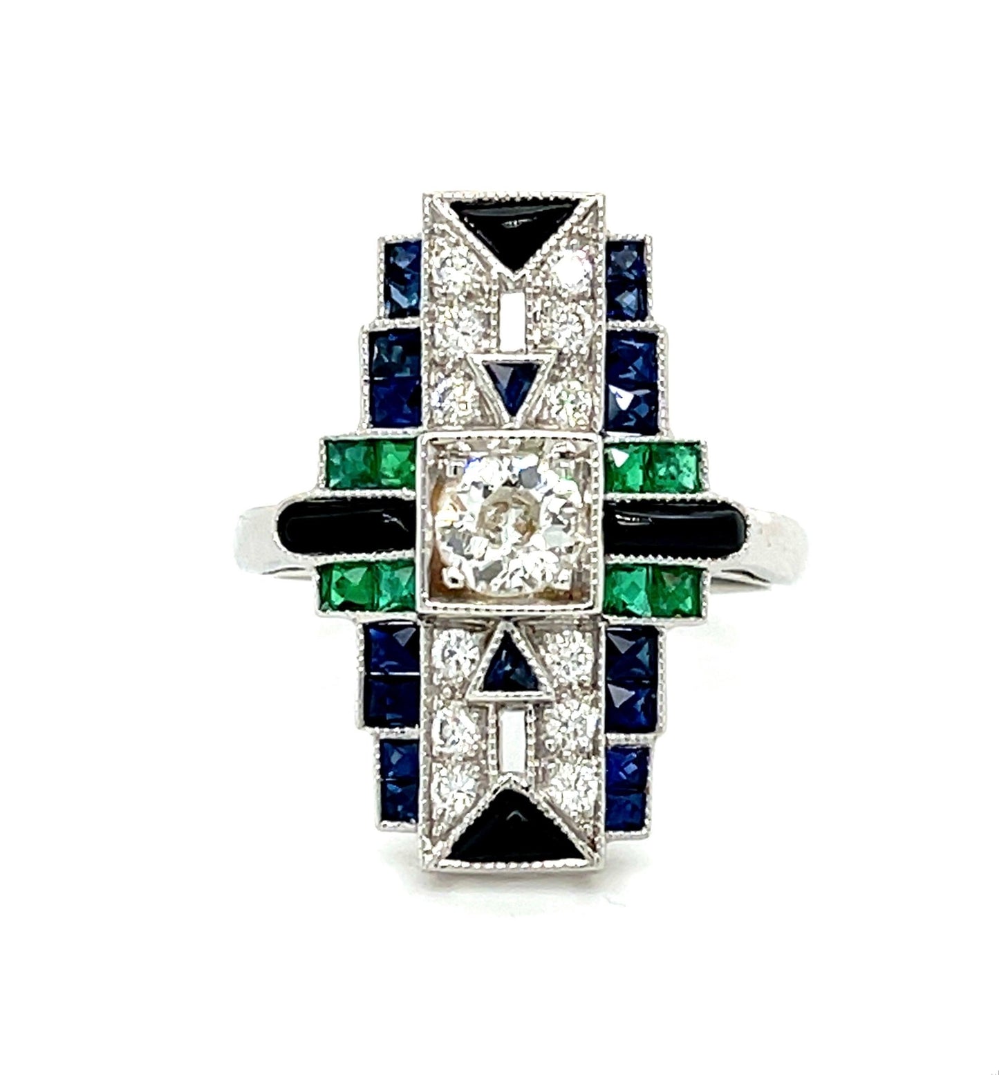 .39ct Old European Center Dia 1.30ct Sap .50ct Eme .22ct SD 18KW Handmade Ring