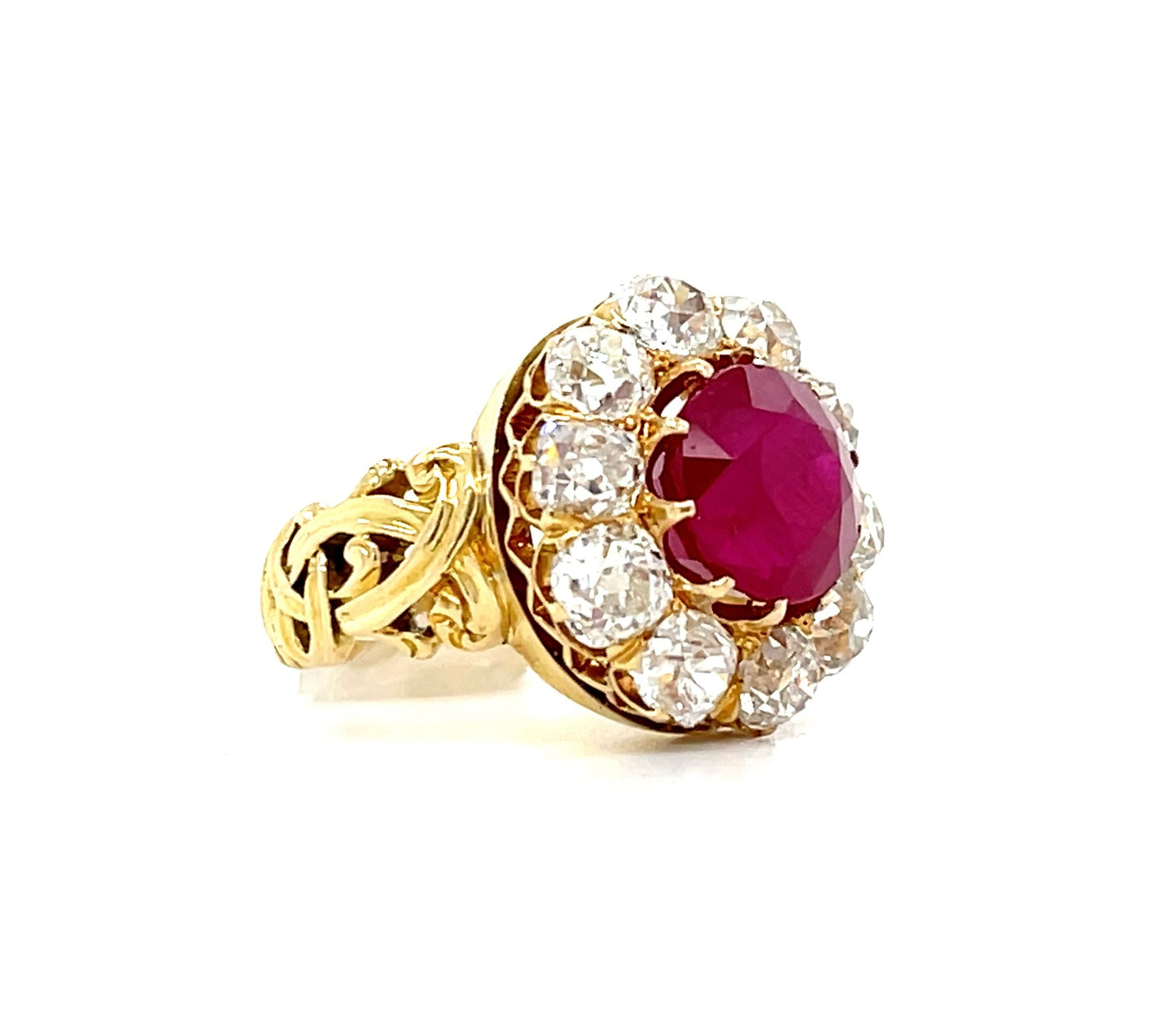 Victorian Era 2.99ct Ruby GIA Burma Heated 18KY Antique Ring (Circa 1880s) 2ct Old Mine Cut Diamonds