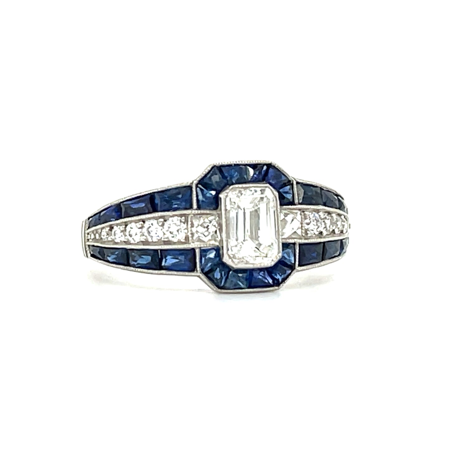 .70ct Emerald Cut Center Diamond Handmade & Inspired PT Ring 1.50ct French-cut Sapphires .25ct SD
