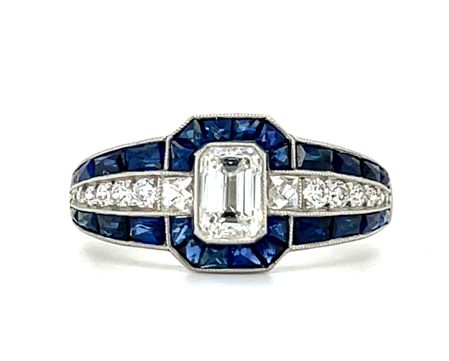 .70ct Emerald Cut Center Diamond Handmade & Inspired PT Ring 1.50ct French-cut Sapphires .25ct SD