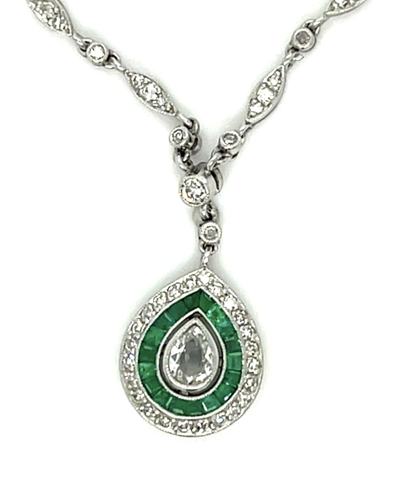 .60ct Pear Diamond .44ct Emerald Platinum Handmade Pendant 4.84g 15"