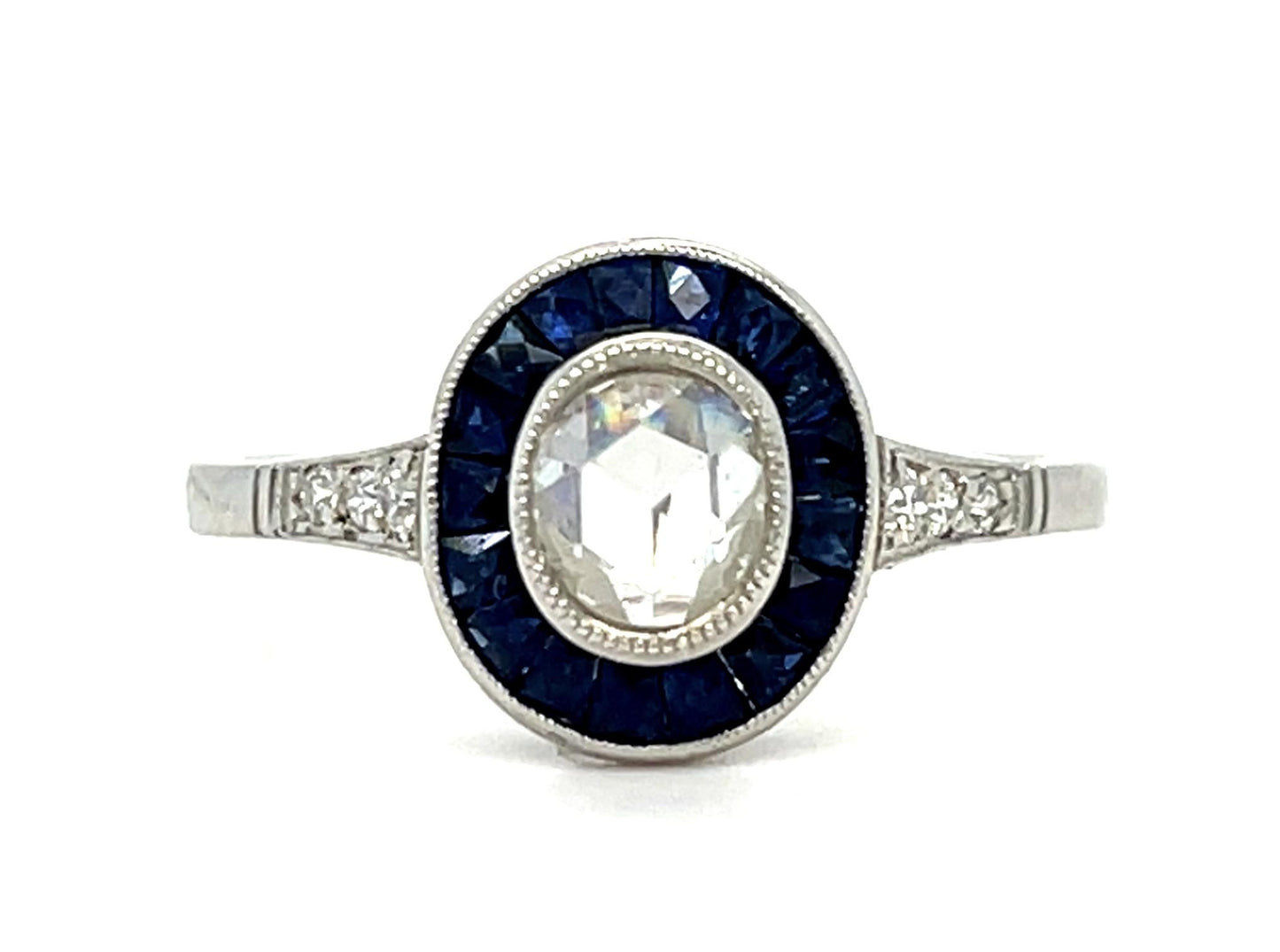 .43ct Rose Cut Diamond .68ct Sapphire Platinum Ring 3.20g 7.50 Size