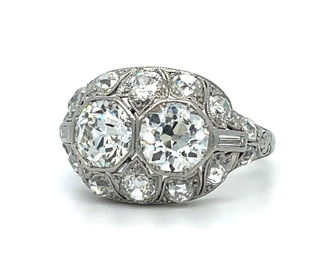 Art Deco 2.15ct (2 Euro Dia I-J VS-SI) Platinum Two Stone Ring (1920s) 1.55ct SD