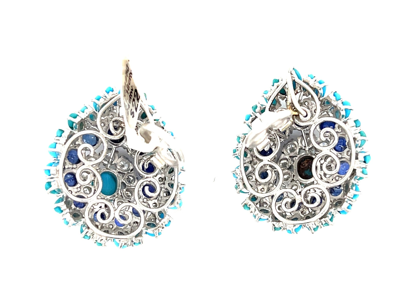 Sapphire, Diamond and Turquoise Platinum Set (Vintage Circa 1950s) Matching Ring and Earrings 1.10ct Diamonds 2.24ct Sapphires
