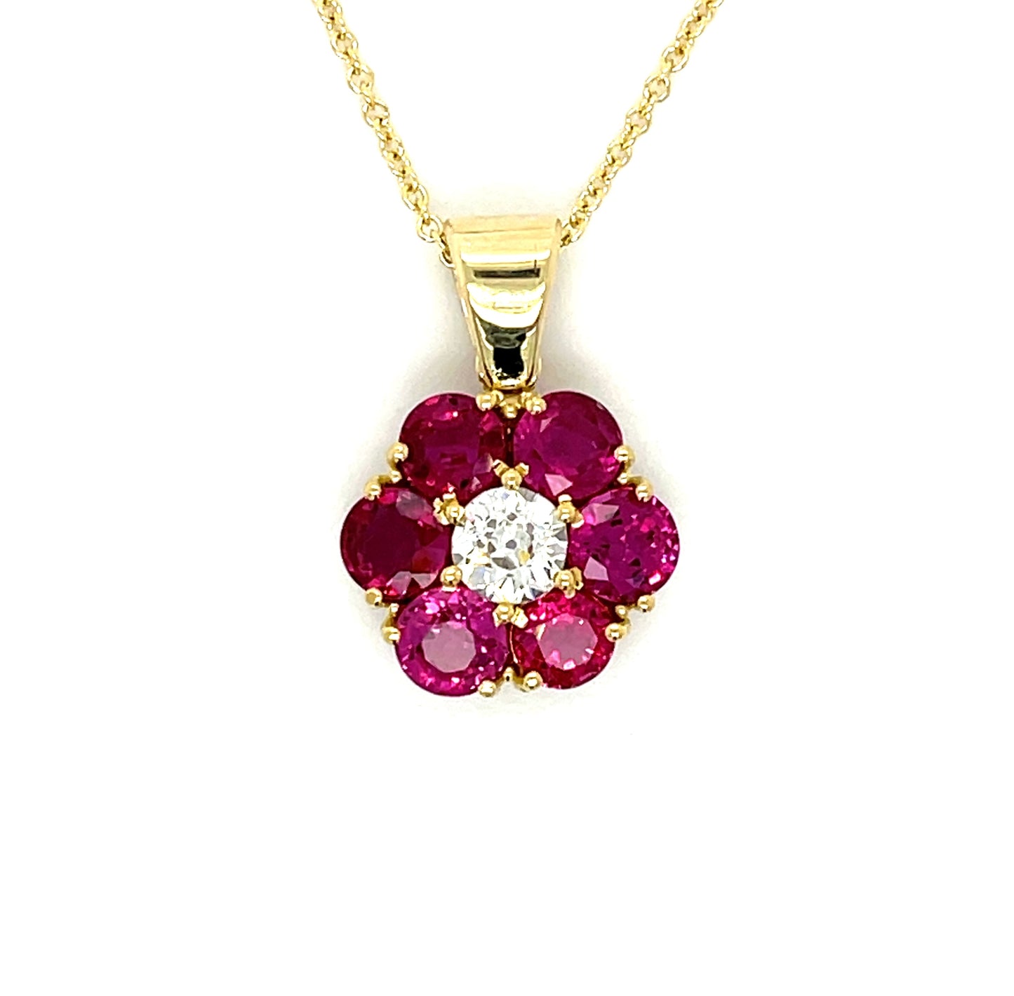 .58ct Old European Cut Center Diamond GIA I VS2 18KY Pendant 3.70ct Rubies