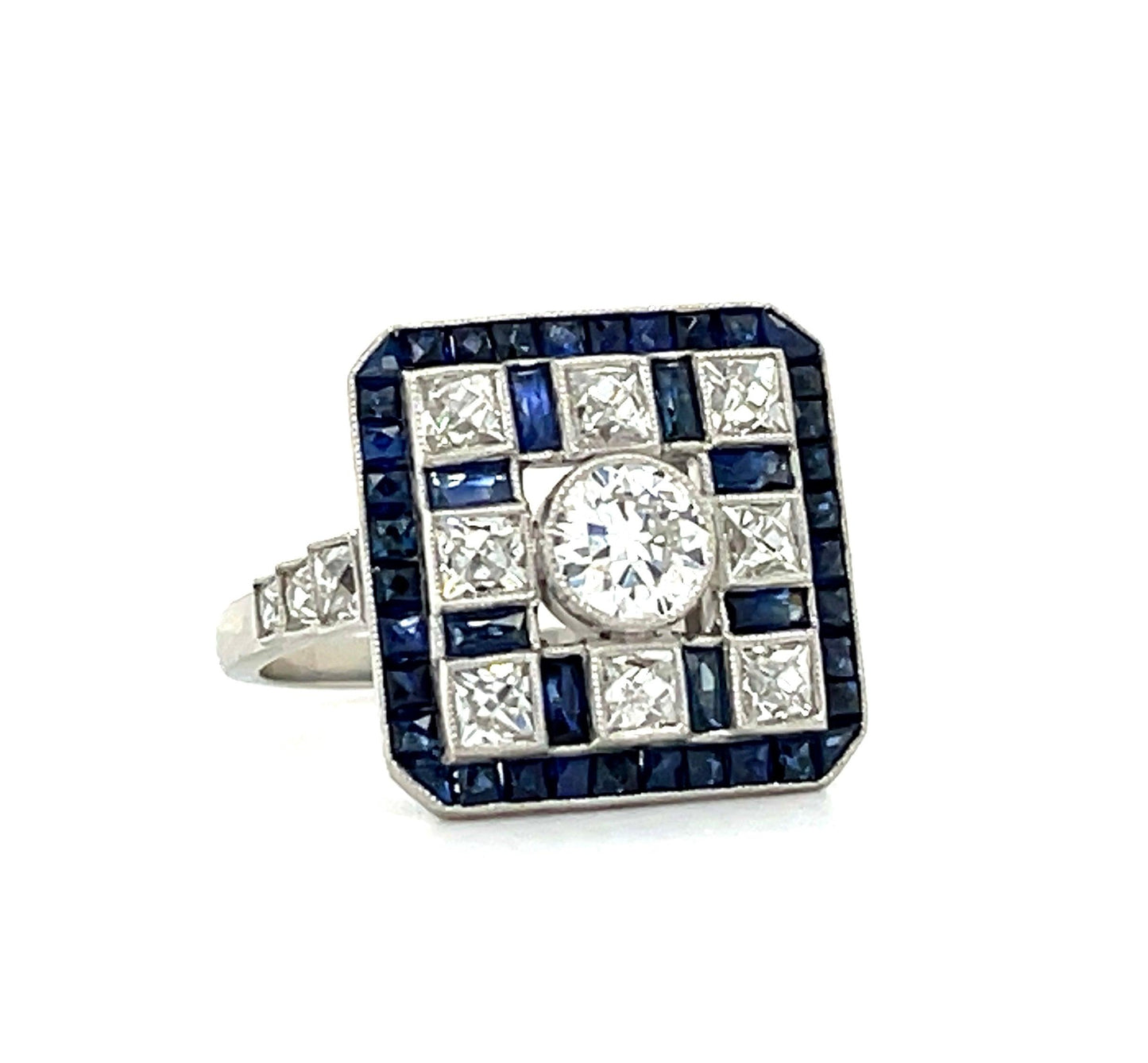 .42ct Center Dia Handmade PT Ring 2.28ct French cut Sap 1ct Antique French Cuts