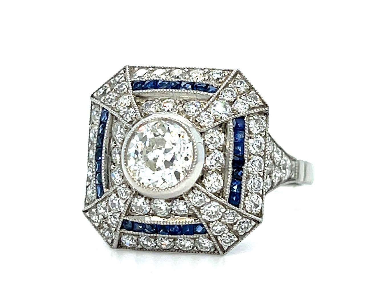 .76ct Old European Diamond .36ct Sapphire Platinum Handmade Ring 1.60ct SD 7.10g