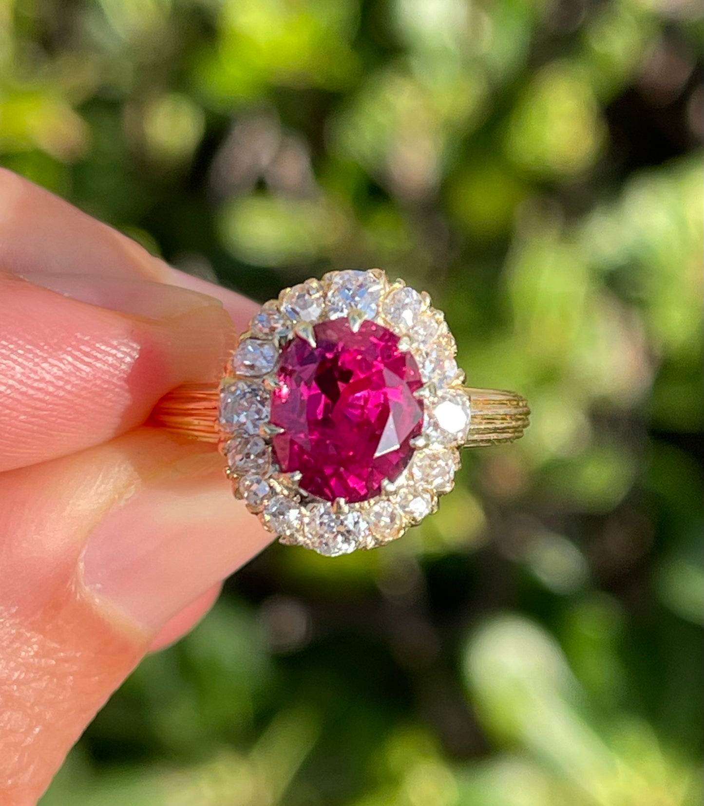 Victorian (Circa 1890s) 3.28ct GIA Thailand Heated Ruby 1ct Old Mine Cut Diamonds 18KY Antique Ring