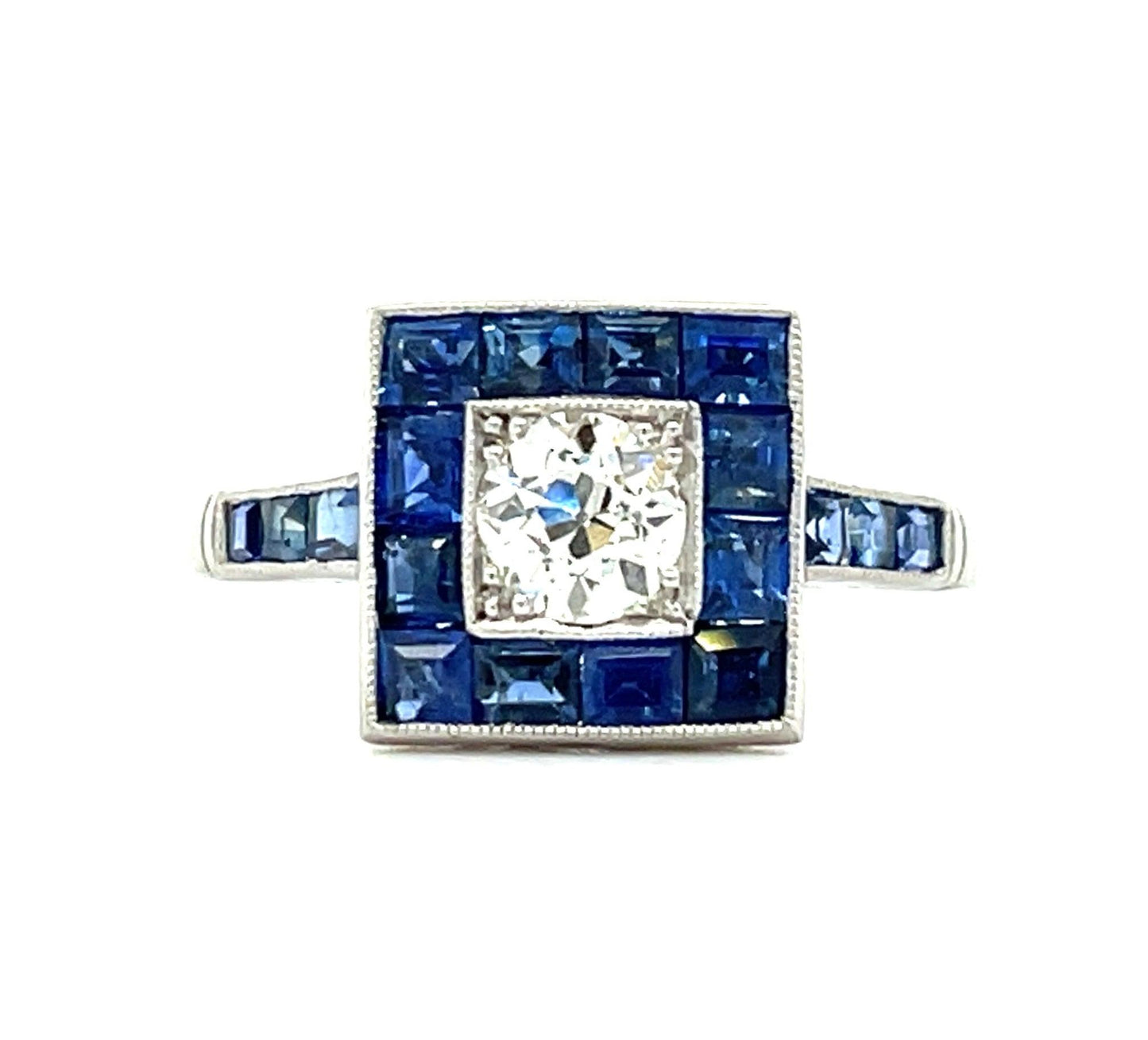 .46ct Old European Cut Diamond 2ct Calibre Blue Sapphires Platinum Handmade Ring