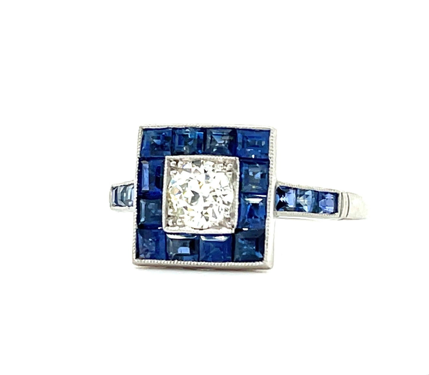 .46ct Old European Cut Diamond 2ct Calibre Blue Sapphires Platinum Handmade Ring