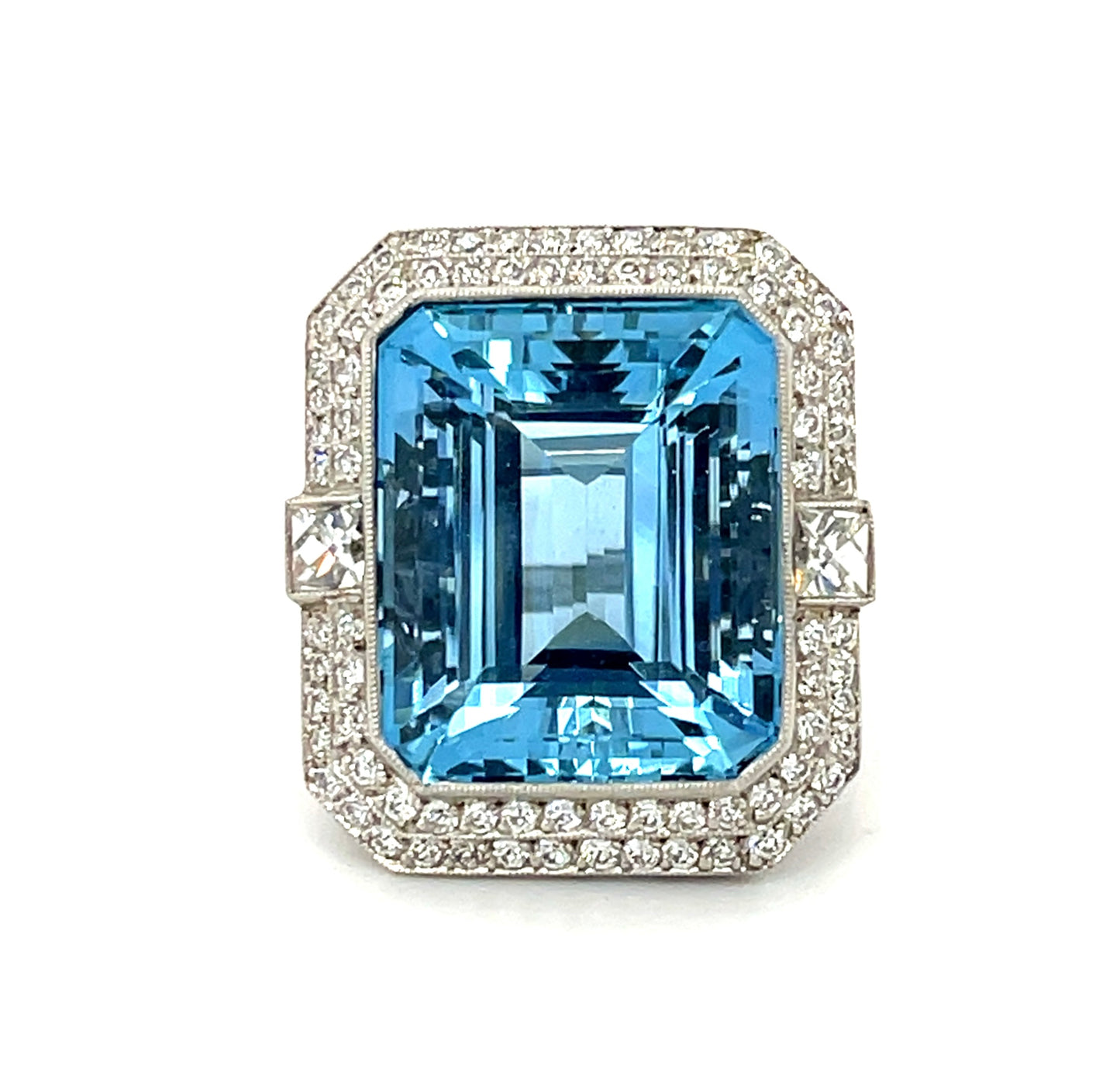 16.87ct Aquamarine Handmade Platinum Ring 1.11ct Old European Cut Diamonds .38ct French Cut Diamonds (Two Stones)