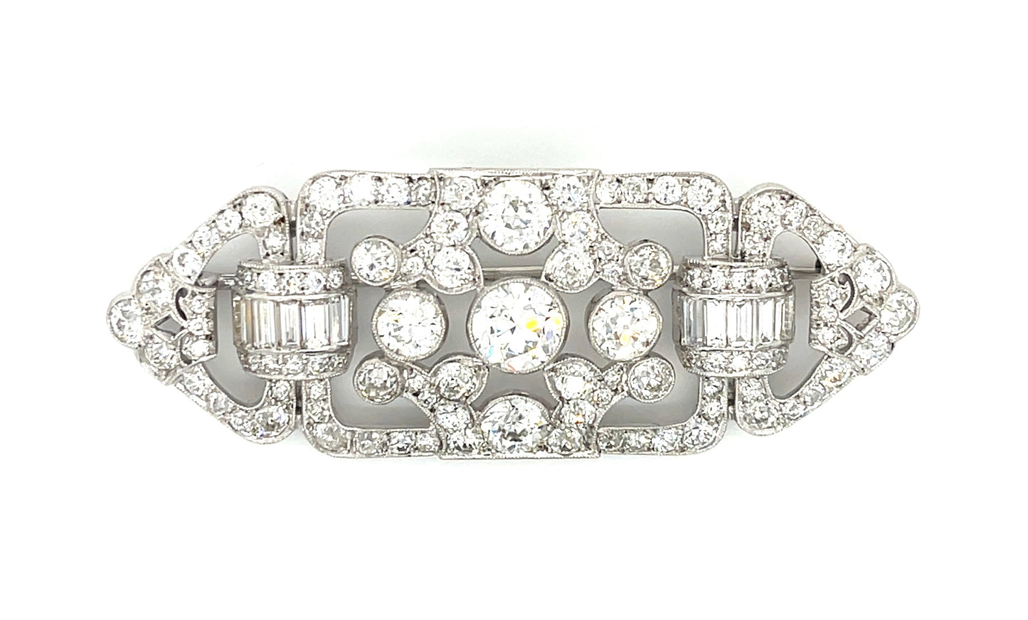 Art Deco Diamond Antique Brooch (Circa 1920s) 1.20ct Center Old European Cut Diamond Four Side Diamonds 1.90ct 116 Side Diamonds 6ct