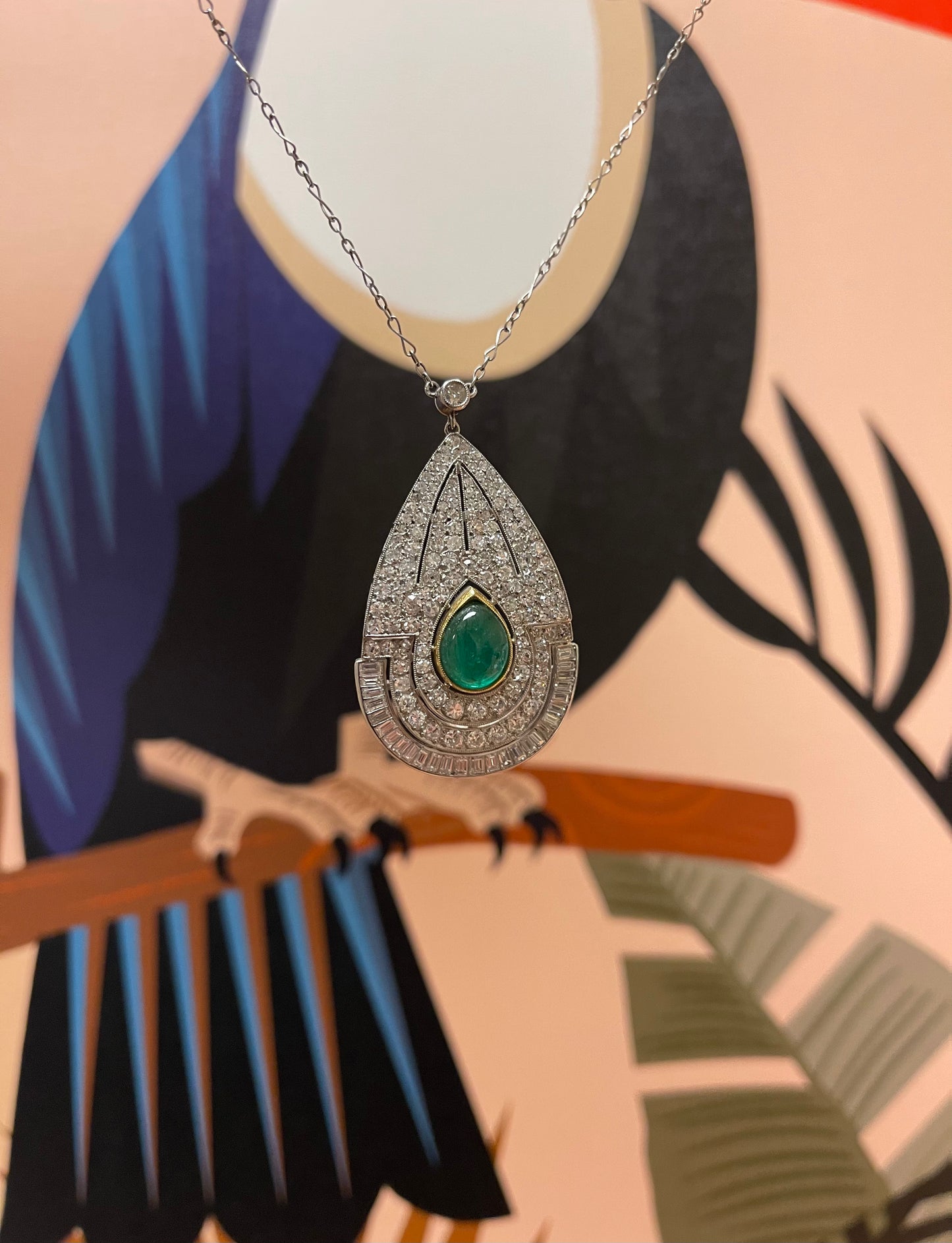Art Deco (Circa 1930s) 2.75ct Cabochon Emerald Vintage Platinum Pendant 4.50ct Baguette, Single Cut and Old European Cut Diamonds