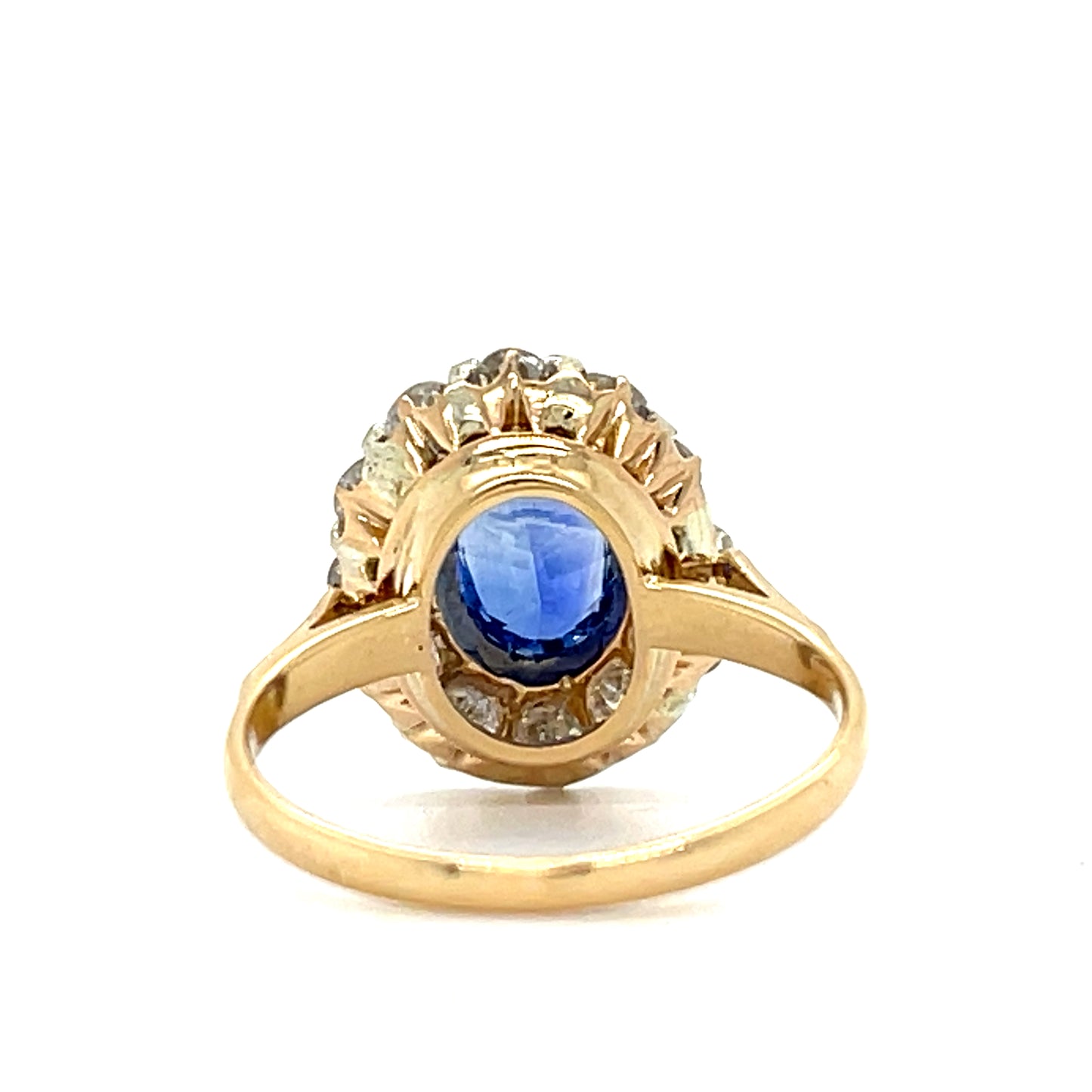 Victorian 1.42ct Blue Sapphire Oval shape Antique 14KY Ring (Circa 1880s) 1.44ct Old Mine Cut Diamonds