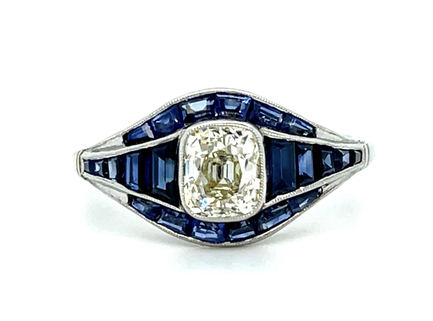 .86ct Old Cushion Diamond 1.76ct Sapphire Platinum Handmade Ring 5.26g 6.75 Size