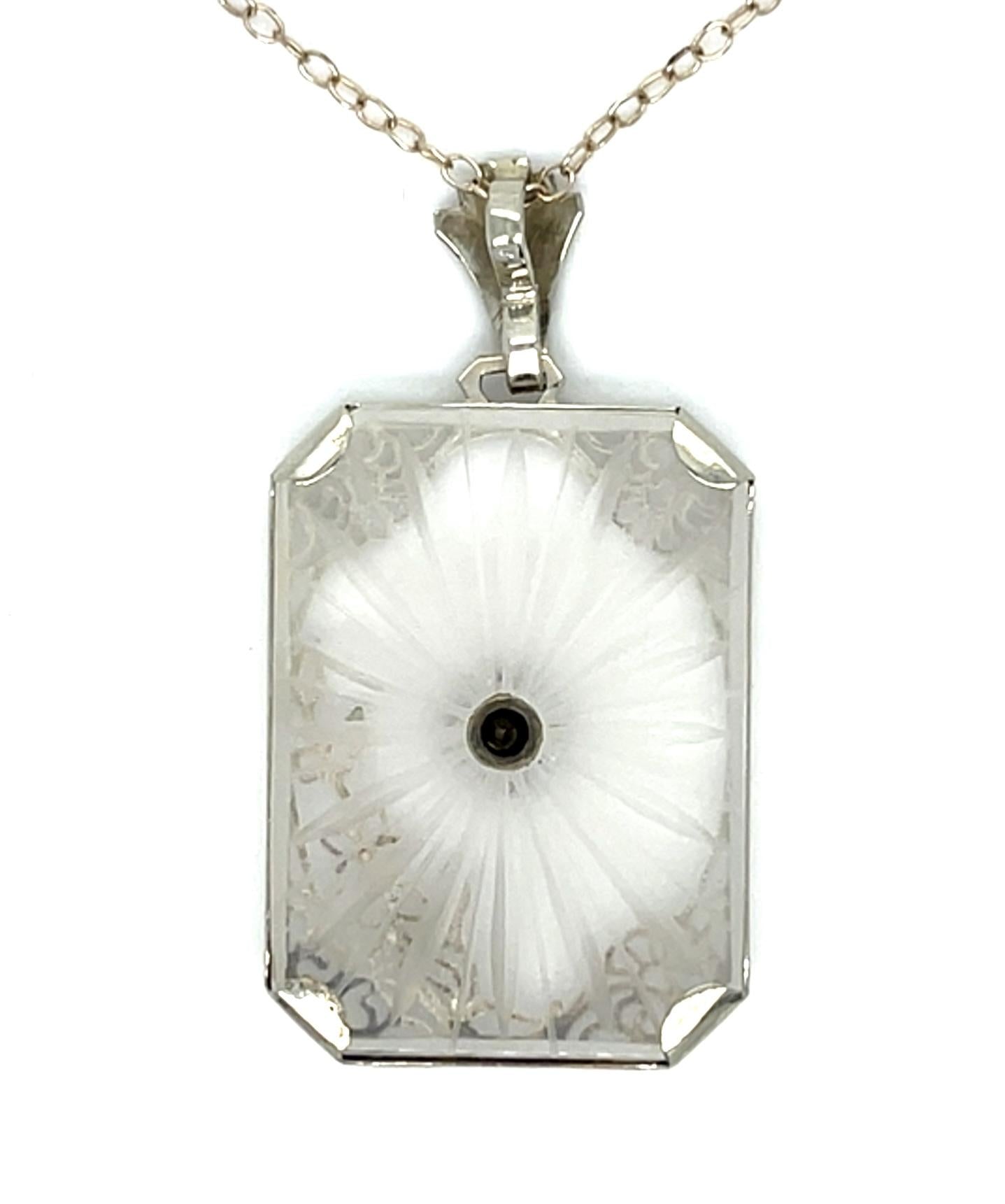 Art Deco Quartz .08ct Diamond 14KW Pendant (Vintage 1930s) 5g 16"