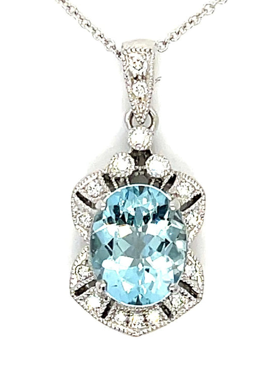 2.21ct Aquamarine .19ct Diamond 18KW Pendant 4.78g 16" Length 14K Chain