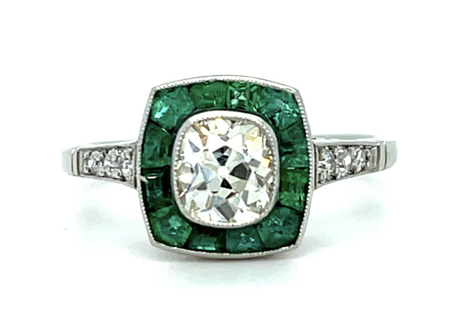.81ct Old Mine Diamond .78ct Emerald Platinum Handmade Ring .16ct SD 4.40g 6.50