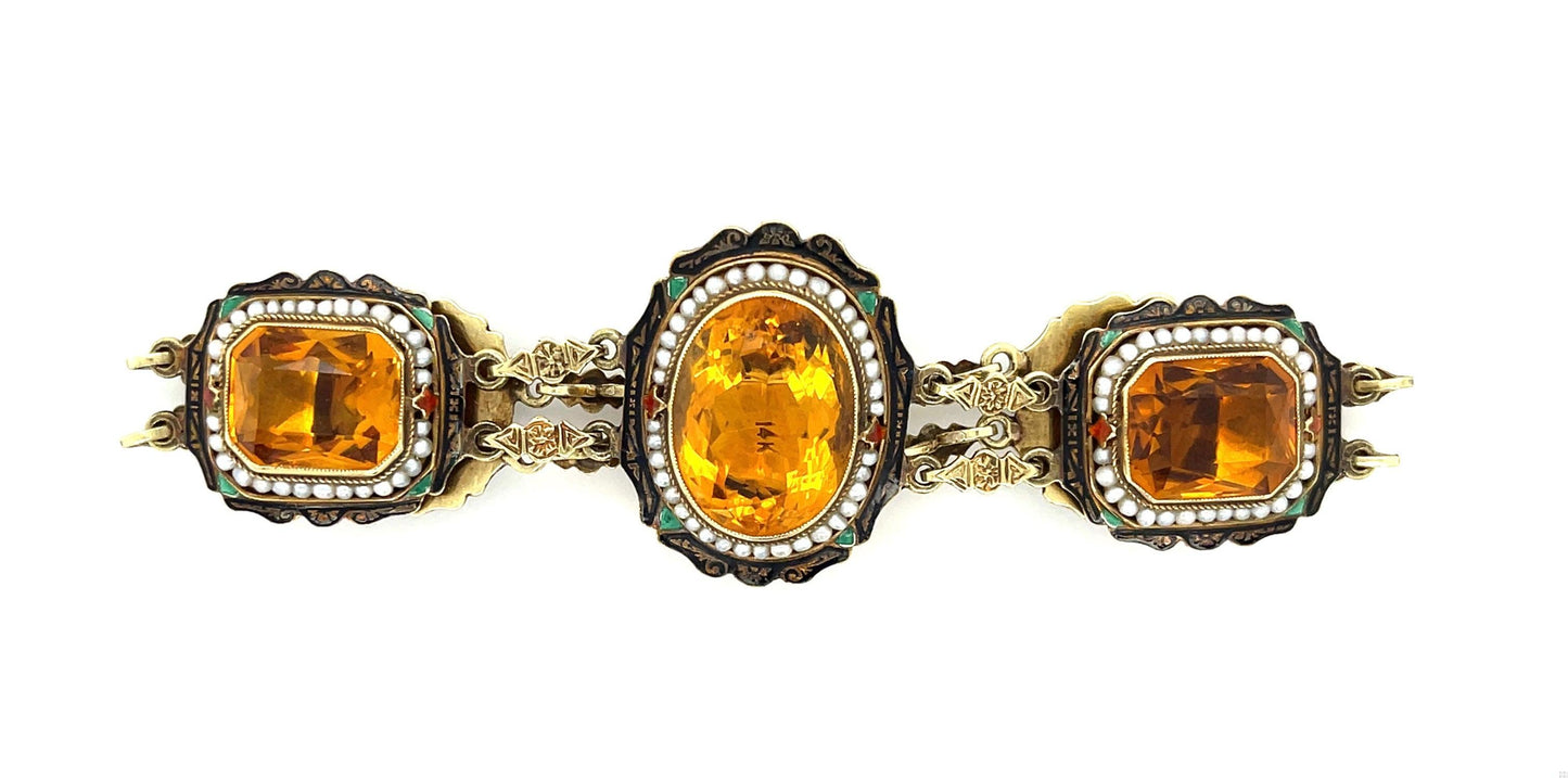 50ct Madeira Citrine, Seed Pearl and Enamel 14KY Art Deco Antique Bracelet (Circ