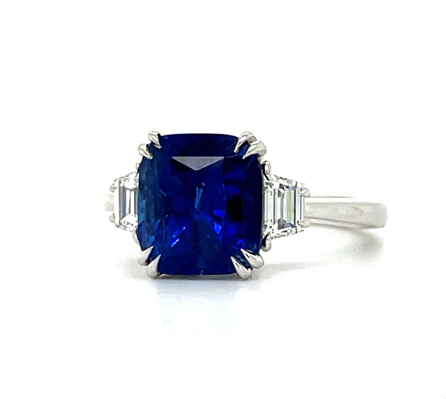 5.24ct Royal Blue Sapphire Ring 18KW .47ct Trapezoid Diamonds