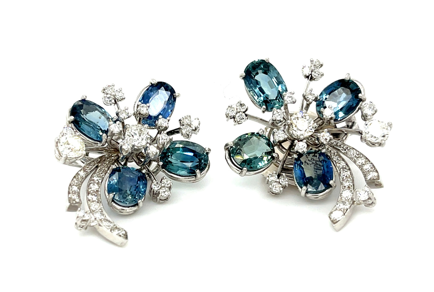 19ct GIA Ethiopian No Heat Sapphire Floral Handmade Earrings Platinum (Vintage Circa 1940s) 1.80ct Four Larger Diamonds 2.30ct SD