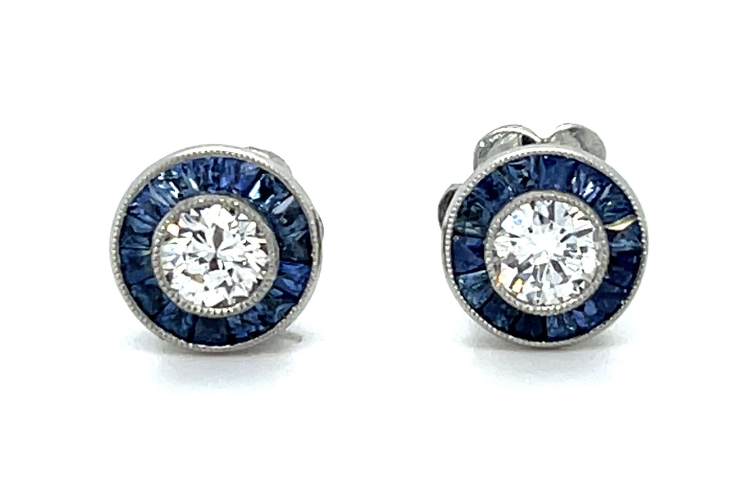 .44ct Round Brilliant Diamonds .54ct Sapphires Platinum Handmade Stud Earrings