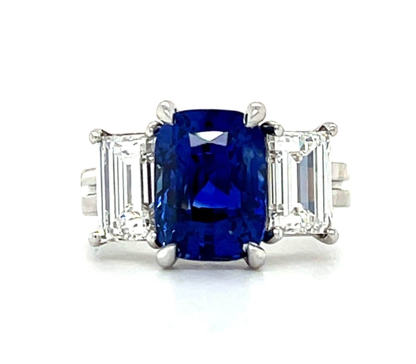 4.41ct GIA Ceylon Heated Sapphire Three Stone Ring Platinum .93ct GIA F VS1 Diamond .92ct GIA F SI1