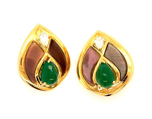 5.50ct Cabochon Emeralds & Mother of Pearl 18KY Vintage Earrings (Circa 1960s)