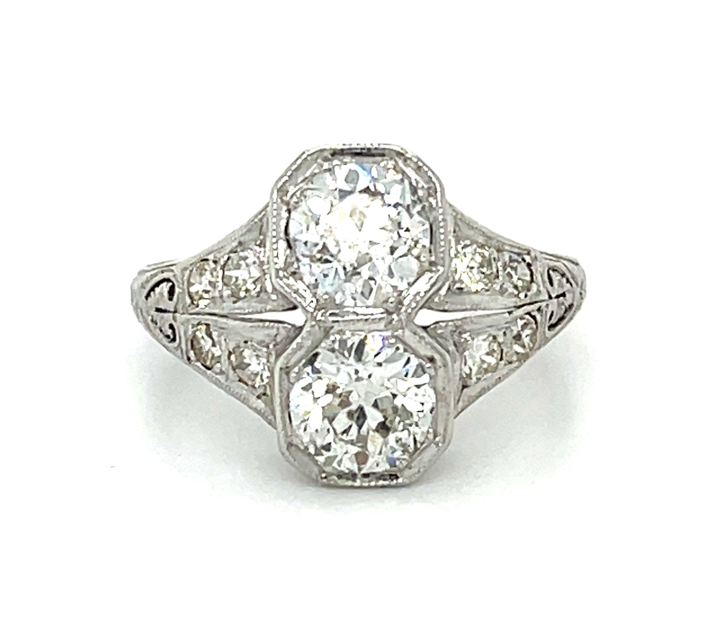 Art Deco 1.40ct Old European Cut Diamonds Platinum Antique Two Stone Ring (Circa 1920s)