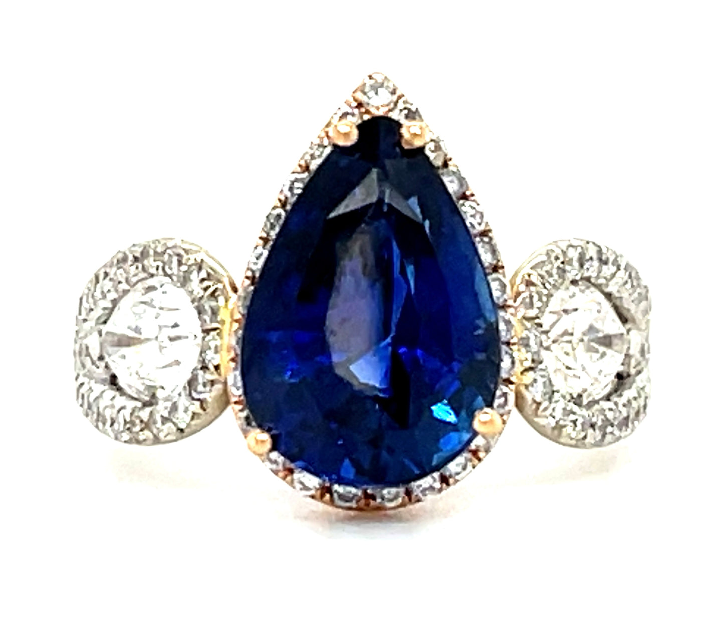 4.55ct Blue Sapphire Pear Shape 14KY Two Tone 1.30ct Diamonds Pear Shape and Round Brilliants