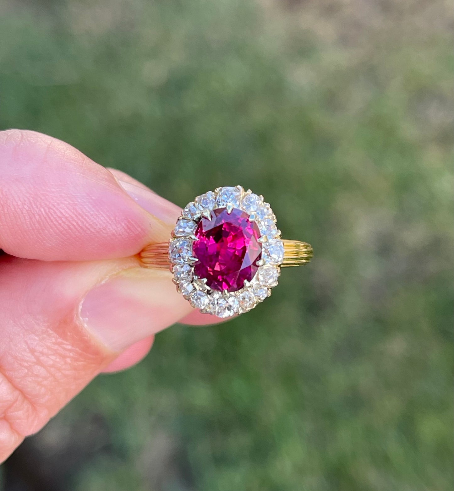 Victorian (Circa 1890s) 3.28ct GIA Thailand Heated Ruby 1ct Old Mine Cut Diamonds 18KY Antique Ring