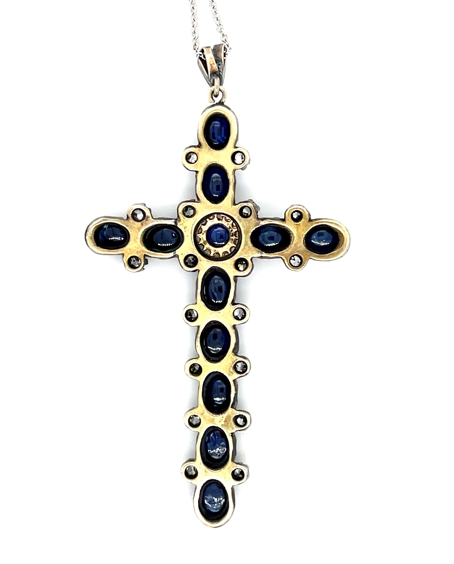6.75ct Cabochon Sapphire Silver & 18KY Handmade Cross/Pendant 2.25ct Diamonds