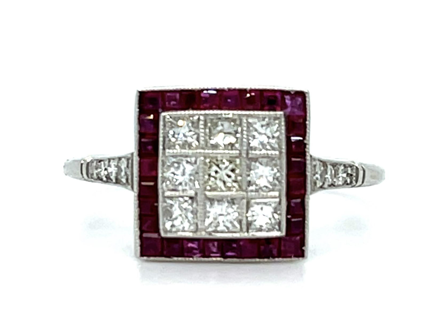 .66ct Princess Diamonds .58ct Rubies Platinum Handmade Ring 3.60g 6.50 Size