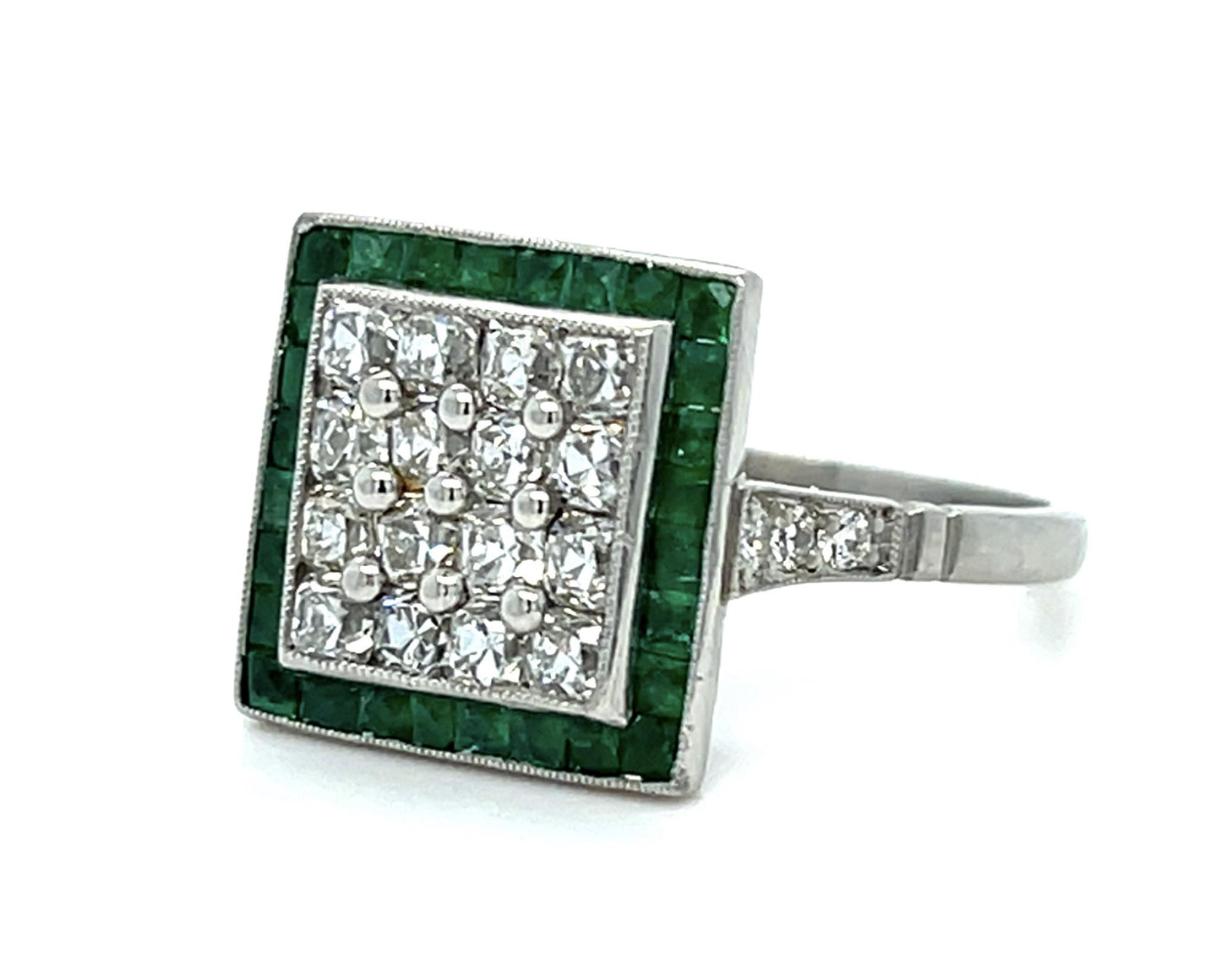 1.20ct French Cut Diamond .80ct Emeralds Platinum Handmade Ring 6.60g 7 Size