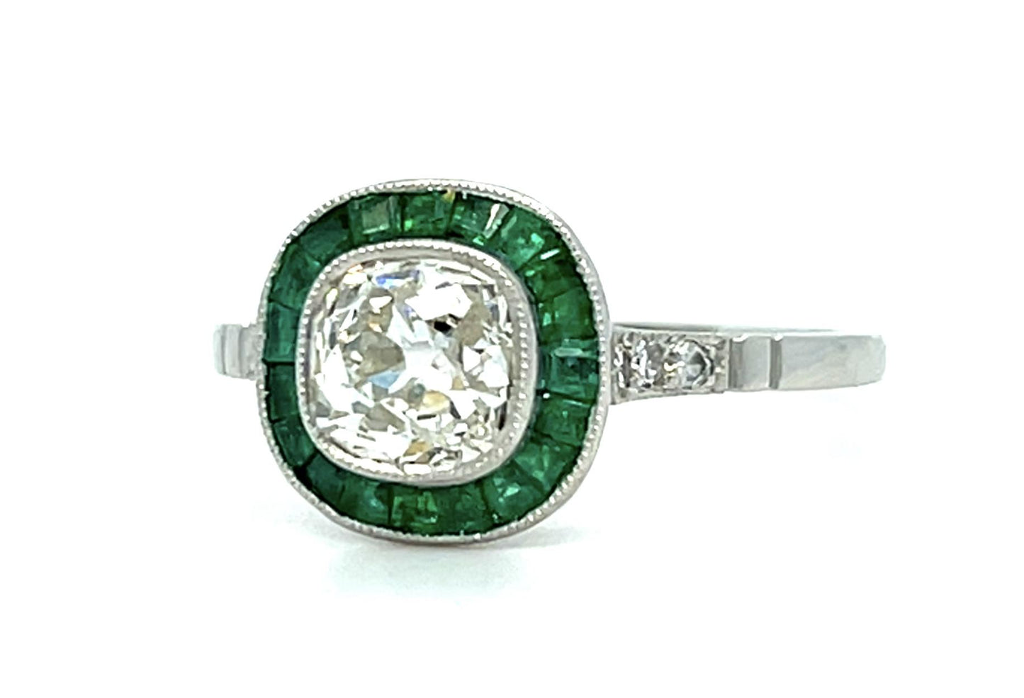 1.09ct Old Mine Diamond .74ct Emerald Platinum Handmade Ring 3.10g 7.25 Size