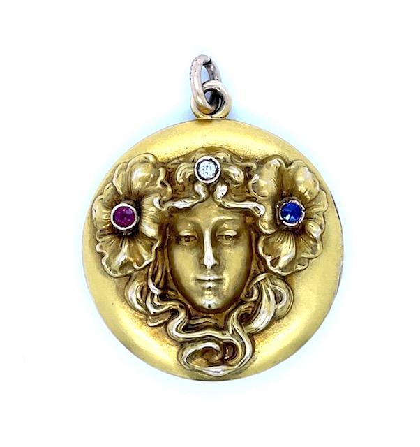 Art Nouveau .25ct Gemstone .08ct Diamond 11KY Locket/Pendant (Antique 1900s) 1.7