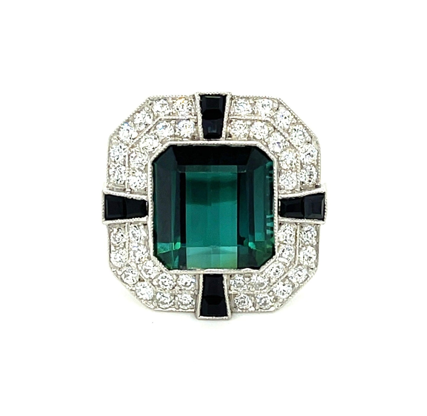 6.07ct Green/Blue Tourmaline .91ct Old European Cut Diamond & Onyx Platinum Ring